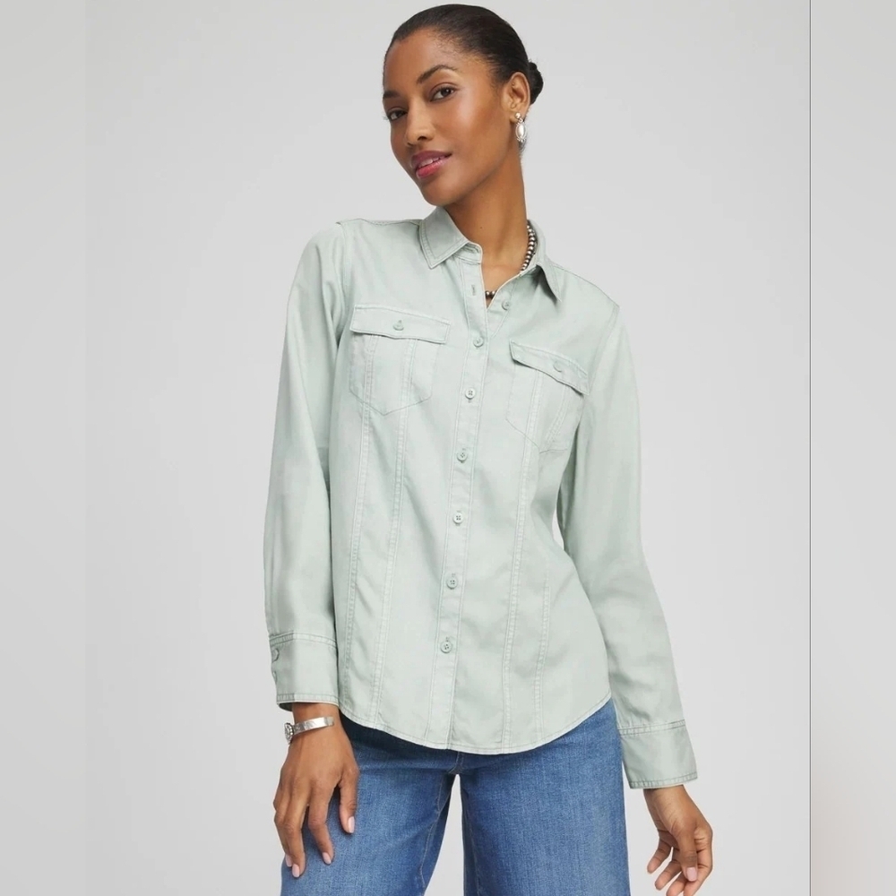 Chico's NWT Denim Split Cuff Button Down Top Chambray 100% Lyocell Sage 4/XXL/20